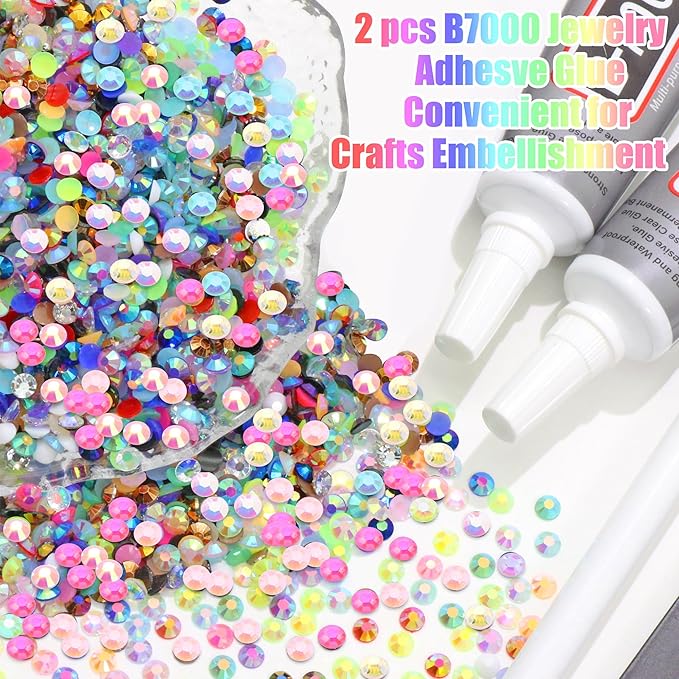 RODAKY Resin Rhinestone for Bedazzling Colorful Flatback Crystals AB Color 3mm Gems Kit with 2PCS 10ml B7000 Glue Tweezer Diamond Making Kit for DIY Craft Clothing Shoes Nail Decor