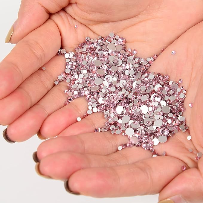 10000 Pieces Rhinestones 6 Sizes Round Crystal Glass Flat Back Rhinestones with 1Tweezers and 1Picking Pen for Nail Art Crafts Clothes Bags DIY (Pink)