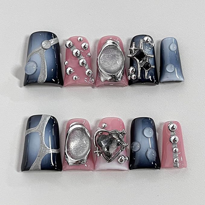 French Tip Press on Nails Handmade Short Duck 3D Flower Thick Acrylic Nails Gothic False Nails with Stars Rhinestones Water Drop Designs Black&White Glossy Fake Nail Sturdy Art Press on Nail 10Pcs(S)