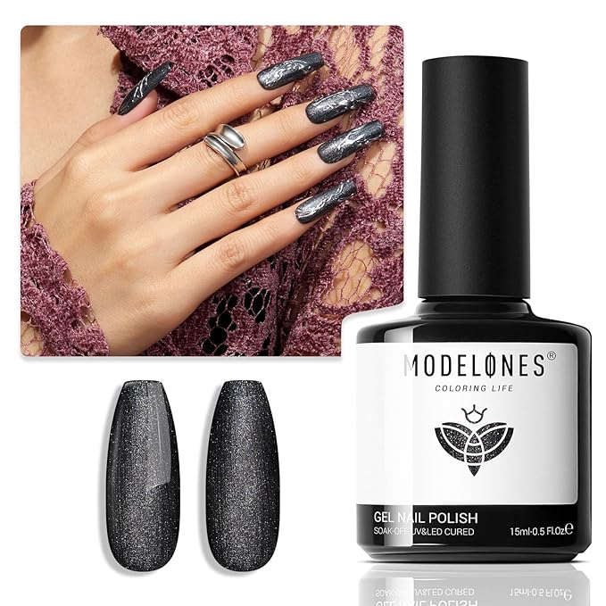 modelones Gel Nail Polish, 15 ML Chameleon Black Gel Polish Holographic Nail Polish Black Shimmer Glitter Gel Polish Soak Off LED Winter Nail Art Gel DIY Salon Gift for Women