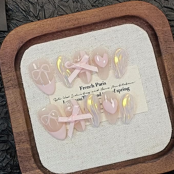 Lovely Sweet Cute Pink Nails Aurora Glitter French Tip Press On Nails Short Almond Soft Gel Fake Nails With Sparkling Waves 3D Bow Ties 10pcs/Box Acrylic Stick on Nails For Women Girls(L)