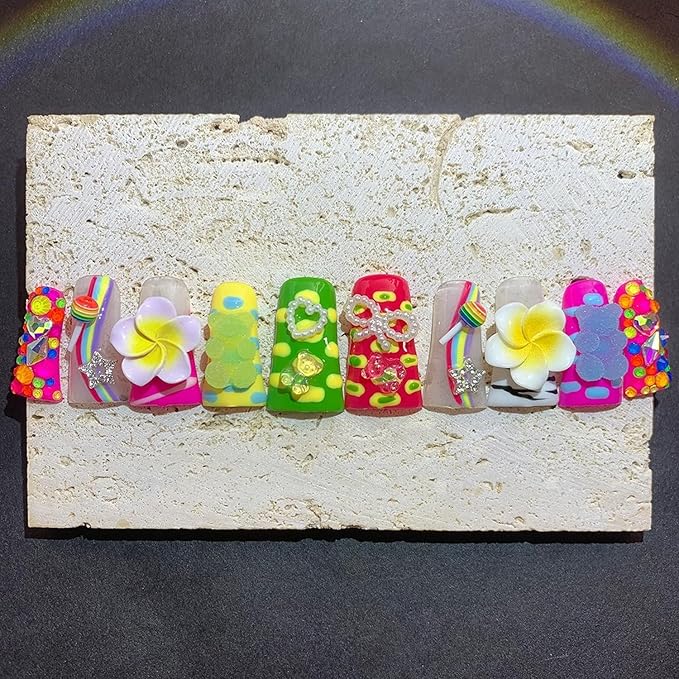 Handmade Press on Nails Medium Duck Fake Nails 3D Flower False Nails Colorful Twinkle Candy Artificial Acrylic Thick Stick on Nails Handmade for Women Manicure Art Decorations (Size M)