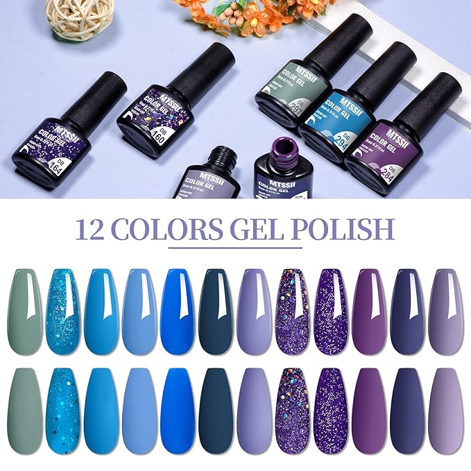 MTSSII Gel Nail Polish Set 12 Colors Blue Purple Gel Polish Kit Baby Blue Lavender Dark Purple Glitter Gel Nail Polish Aquamarine Mermaid Soak off Uv LED Gel Manicure DIY Nail Home