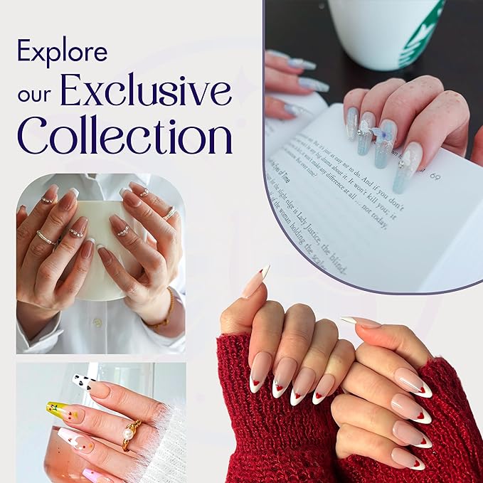 2D Handmade Press On Fake Nails, Long Almond Shaped, French Tips w/Hearts, Acrylic, Gel, Reuseable Kit, For Women Daily Wear, Valentine's Day or Special Occasion (Cupid’s Touch)