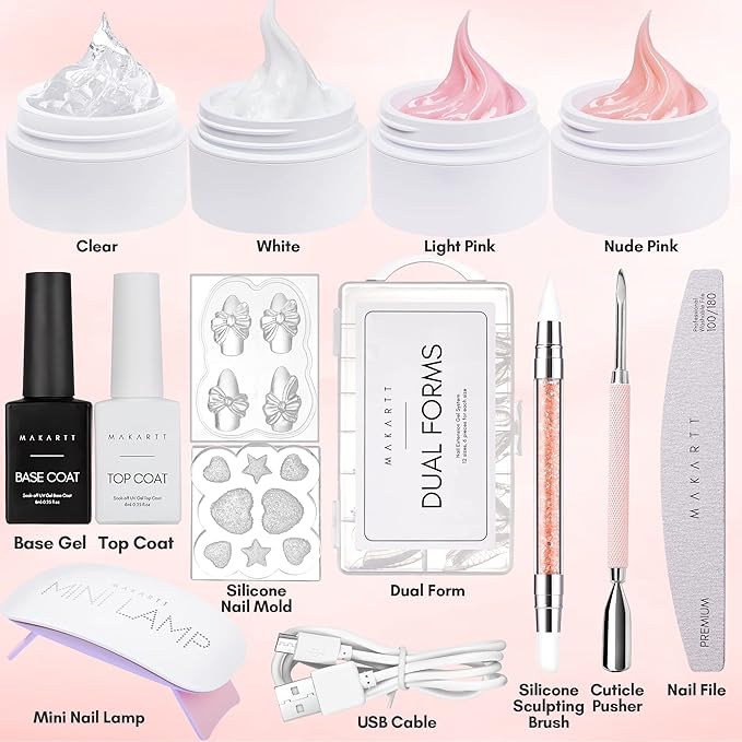 Makartt 3d Gel Nail Art Kit: All in One 3D Sculpting Builder DIY Kit Non-Stick-Hand Solid Gels UV LED Soak Off Gel Polish Painted Carving Molding Hard Gels Rhinestones Chrome Nail Art Salon Home