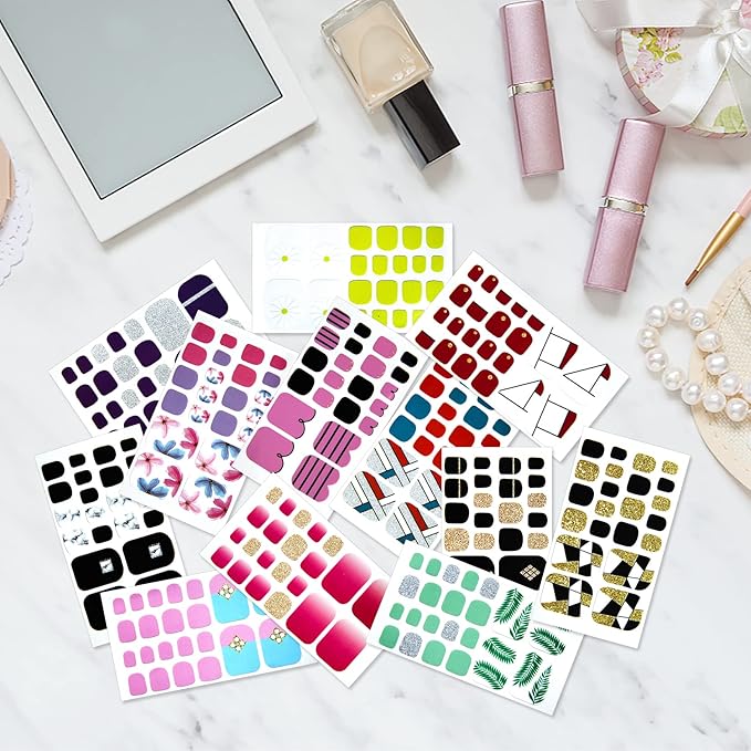 20 Sheets 440 Pcs Multiple Designs Toenail Stickers For Women Nail Art Wraps Toe Nail Stickers Full Nail Wraps Gel Toe Nail Polish Strips Toenails Wraps Stick On Nail Polish Stickers Kit