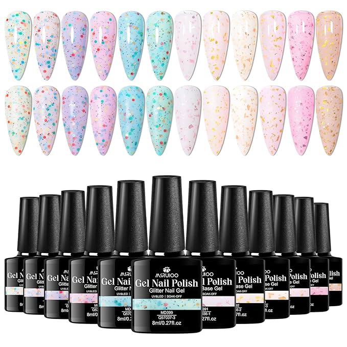 Yogurt Gel Nail Polish + Rubber Builder Gel Polish Glitter Rubber Base Gel Set Pale Pink Blue Purple Nail Polish for Women Girls 12 Colors
