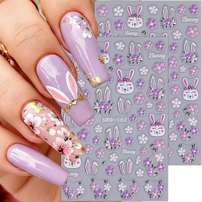 2 Sheets Easter Nail Stickers for Nail Art Cartoon Rabbit Nail Art Stickers Embossed Spring Flower Nail Decals 3D Self-Adhesive Rabbit Ears Flowers Easter Bunny Nail Design Decals for Women