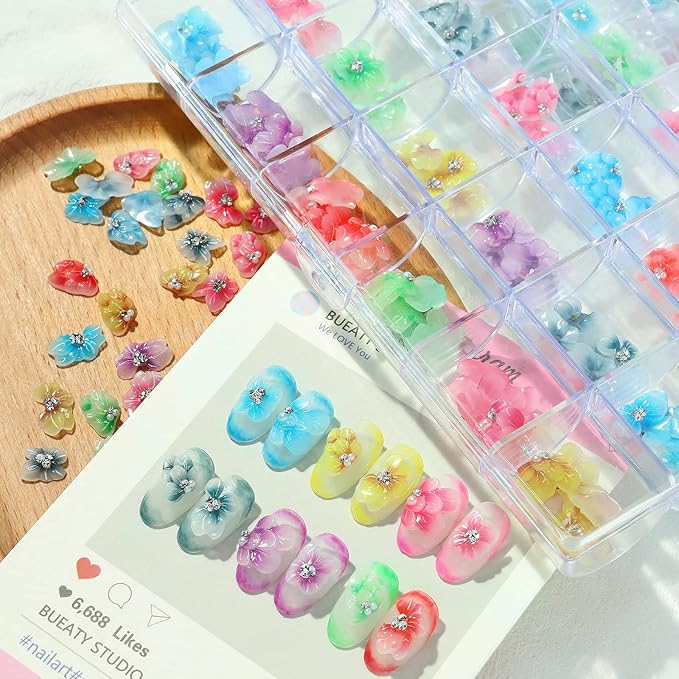 144pcs Trendy Acrylic Flowers Nail Decoration Accessories with 3D Nail Art Rhinestones Pearl Nail Charms Nail Flower Petal Design Nail Art Stud for Women DIY Manicures Jewelry Salon Nail Supplies