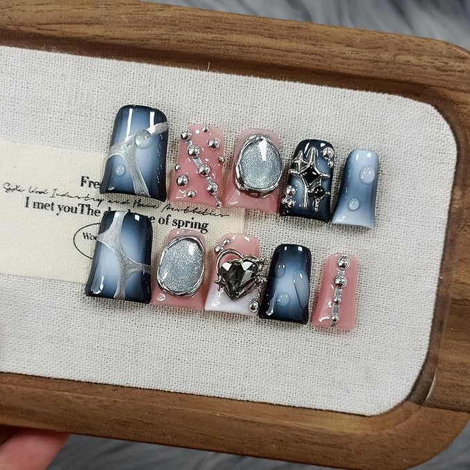 Cat Eye Duckbill Press on Nails,Metallic Embossed Gray Pink Blushing Design Fake Nails with 3D Punk Studs,10PCS Gothic Y2K Glitter False Nails for Halloween,Glossy Duck Nails Press on(S)