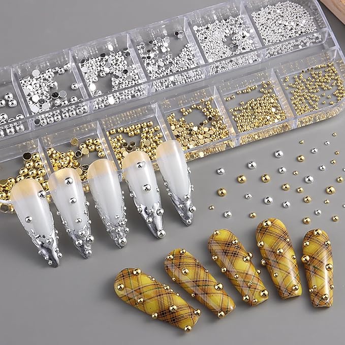 Gold & Silver Nail Caviar Beads, Mixed Size Half-Round Metal Nail Beads for Nail Art, Flatback Alloy Nail Decorations with Tweezers, Manicure Accessories, Balines para Uñas