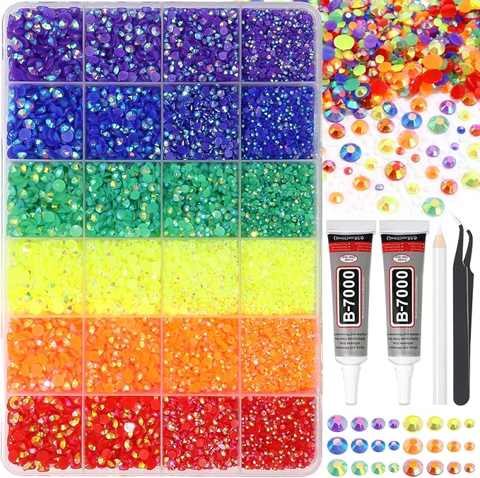 RODAKY 30000PCS Resin Jelly Rhinestone Kits 2/3/4/5mm Flatback Rhinestones for Bedazzling Crystal Gems 6 Colors Crystal Beads for Crafting 2PCS B7000 Jewelry Glue Tweezers Pickup Pencil