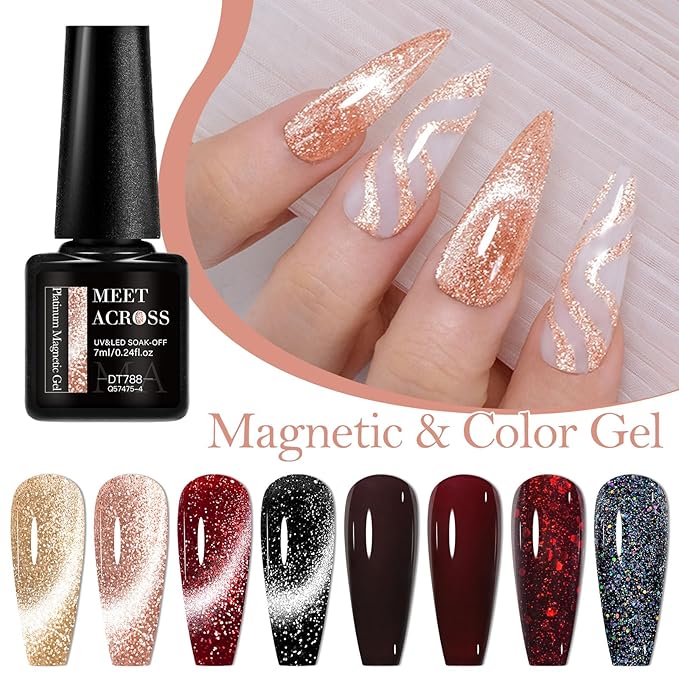 MEET ACROSS 8pcs Gel Nail Polish Set, Soak off UV LED Lamp Gel Nail Polish Cat Eye Set Home Gel Manicure Kit 7ml (Cat Eye + color Gel-4)