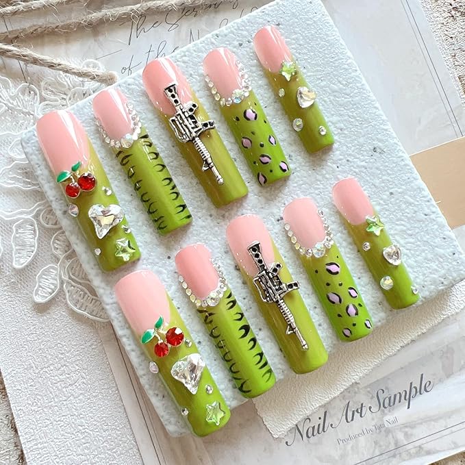 NAIL ANGEL 10PCS/SET Handmade Press on nails Metal Glitter Rhinestone Green Leopard Prints Crystal Cherry Gem Long Coffin Nails Party Nails XXL Long Artifical Tips ZJ-07 (Multi-Color, ZJ07-M)