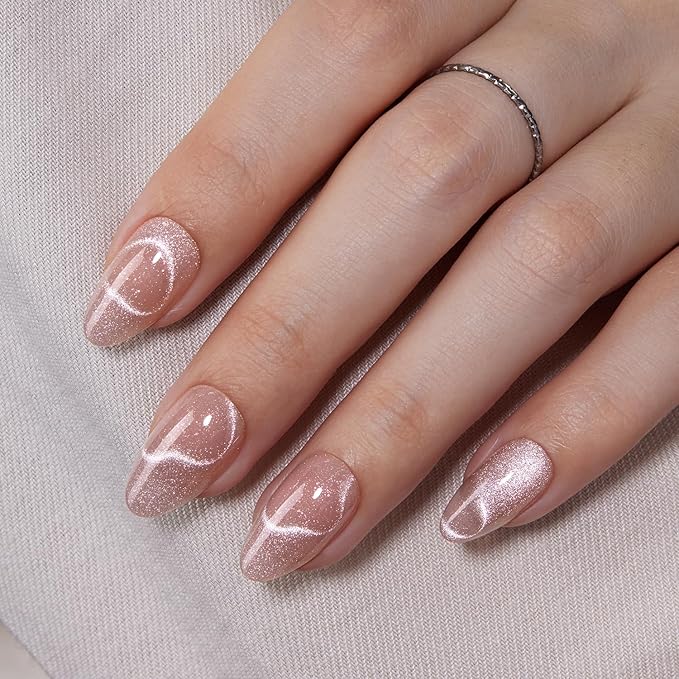 VSALON Press On Nails Short Almond, 32 Pcs 16 Sizes Nude Cat Eye Press On Nails Neutral Sparkly Fake Nail With UV Glue On Nail Kit, Reusable Stick On Nails Salon Quality Valentines Gifts For Women