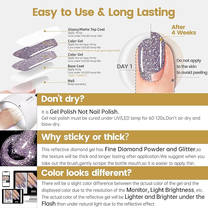 YTD Likomey Colorful Light Purple Reflective Glitter Gel Nail Polish,15ml Holographic Flash Diamond Shimmer Gel,Sparkly Shiny Fall Winter Salon Home Manicure UV Varnish,SZ502
