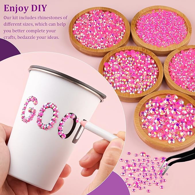 Resin Jelly Rhinestones for Crafting with B7000 Jewelry Glue, 1 Box Hot Pink AB Flatback Crystals with 2Pcs 10ml Glue, Bedazzling Non Hotfix Gems for DIY Tumblers Clothing Shoes Manicure