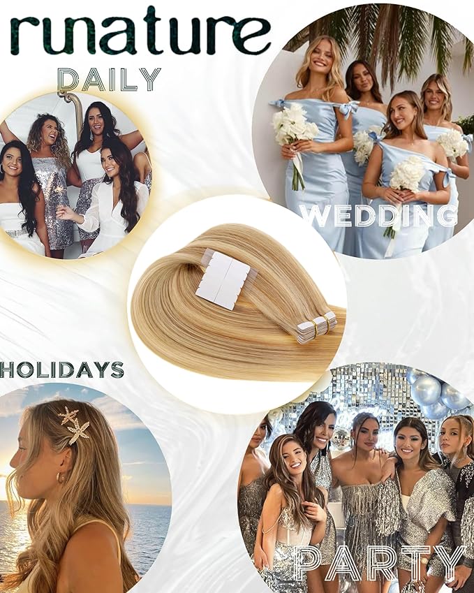 RUNATURE Blonde Tape in Hair Extensions Human Hair Seamless Tape in Extensions Short Tape ins Human Hair Extensions Blonde Highlights Remy Natural Hair Easy to Apply 12 Inch 30g 20pcs