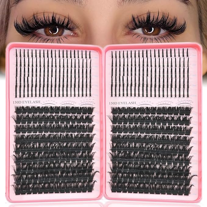 Lash Clusters with Spikes, 150D+150D Eyelash Clusters Extensions Individual D Curl Fluffy Wispy False Eyelashes DlY Manga Lashes Extension (12-22mm, Lash Clusters)
