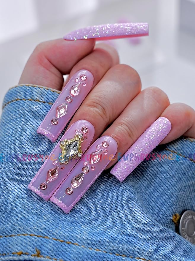 Euphrosyne Kawaii Press On Nails – Long Coffin Glitter Nails in Light Pink with Stars & Rhinestones | 10pcs Sparkly Fake Nails for Girls and Women, Princess Look for Daily or Party Wear