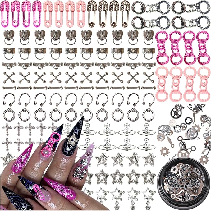 144PCS Nail Charms for Acrylic Nails,Silver Star Planet Cross Punk Door Handle Pin Handcuffs Mechanical Parts Alloy Nail Art Accessories,Nail Jewels for Nail Art Supplies Craft DIY, Mix
