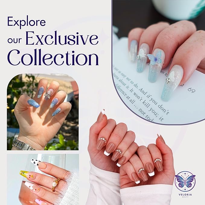 3D Handmade Press On Nails, Medium Square Oval Shaped w/Rhinestones & White Tips, Acrylic, Gel, Reusable Kit, For Women & Girls Daily Wear or Special Occasion (Chic French - L)