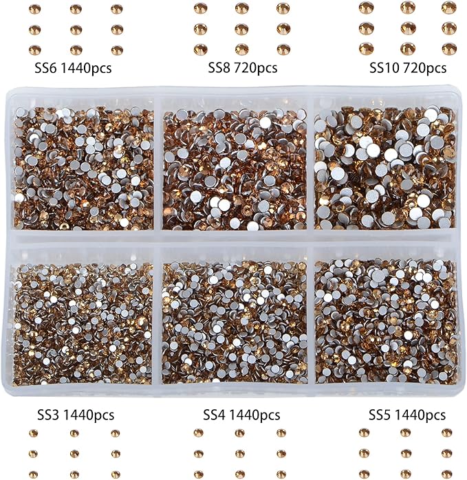 Bymitel 7200 Pieces 6 Mixed Sizes Glue Fix on Glass Rhinestones Round Crystal Gems Flatback for DIY Jewelry Making with one Picking Pen(6-Sizes 7200PCS, Lt. Topaz)