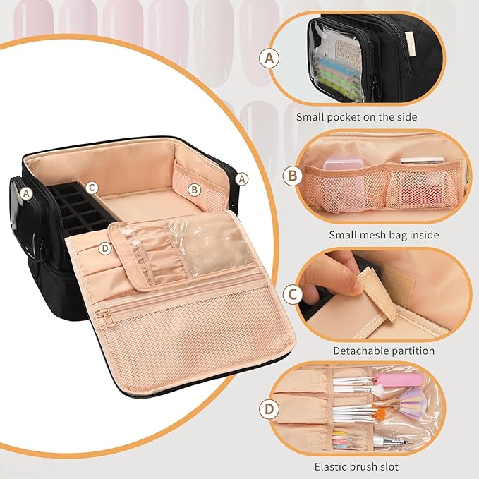 OCHEAL Nail Polish Organizer, Holds Nail Lamp and 45+ Bottles 2-in-1 Nail Polish Storage Case,Detachable Nail Techs Gel Kit Supplies Carring Bag for Manicurist Tools 45-Slot Nail Holder-Black