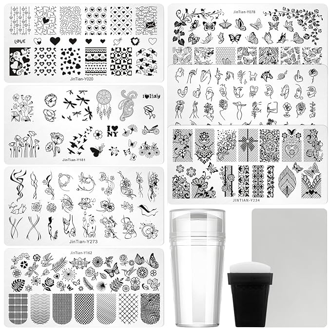 7pc Nail Stamping Plate Kit Butterfly Heart Letter Nails Stamp Plate Leaf Flower Nail Art Template Stencil Fingernail Polish Stamps Plates Set Silicone Stamper Scraper French Tips Nails Design Tools