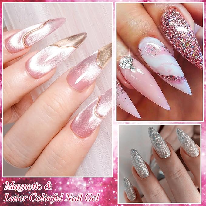 MEET ACROSS 8pcs Gel Nail Polish Set, UV LED Lamp, Nail Art Kit (7ml Cat Eye Glitter Gel Polish)