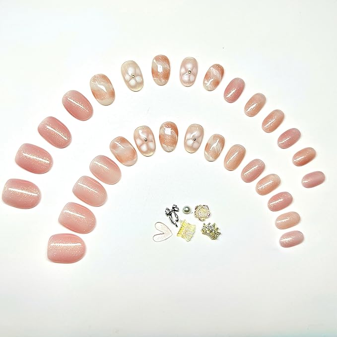 Hand-Painted Press-On Nails – Short Oval in Rosé Pink with White Floral Accents. Reusable Soft Gel Set (15 Sizes, 30 Nails + Glue) | Designed in Los Angeles | Rosé Luminesse