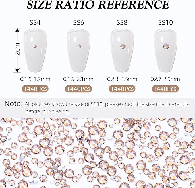 Gold Shadow Flatback Rhinestones, Glass Rhinestones for Nail Art and Craft, Glue Fix, Loose Crystal Gemstones(Gold Shadow, SS10, 1440pcs, 2.7-2.8mm)