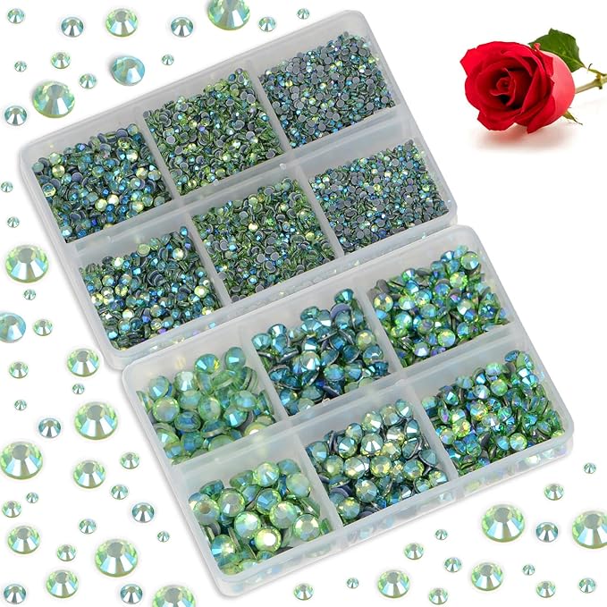 Bymitel Hotfix Crystal Rhinestones Round Gems for Crafts,Mixed 6 Sizes with Wax Pencil Kit, Peridot AB 1.6-6.3mm SS4-SS30/8000pcs