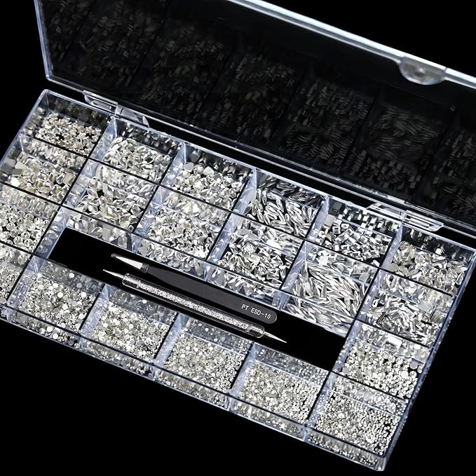 12 Types of 600 White Diamonds + 2500 Flat Rhinestones Mix 20 Styles Flatback DIY Crafts Rhinestone Crystals 3D Ornament‌s Flat Back Stones Set + Tweezers + Drill Pen