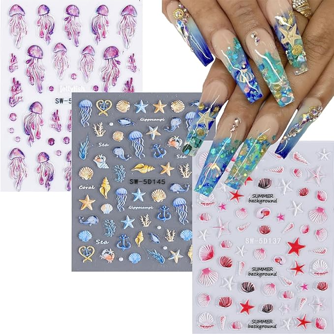 5D Embossed Beach Nail Stickers Ocean Nail Art Stickers Summer Nail Decals Self-Adhesive Nails Sticker Cute Jellyfish Shell Starfish Nail Supplies for Women Acrylic Nails DIY Manicure 3Sheets…