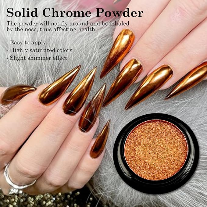 2Pcs Brown Copper Chrome Nail Powder Kit for Nails Shimmer Metallic Mirror Effect Orange Gold Glitter Pigment Dust Fall Dark Brown Copper Chrome Powder for Gel Nails Polish Design with Tools
