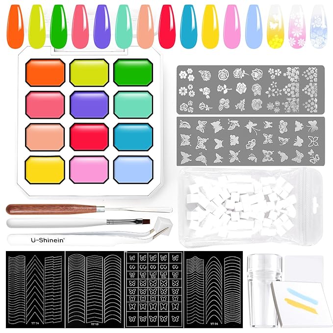 Gradient Gel Nail Set,16 Bright Neon Color for Ombre Nail Polish Platte Kit with 14* Nail Art Tools, Summer Rainbow Pat Painting Gel French Nail Manicure No-wipe DIY Art Home Salon