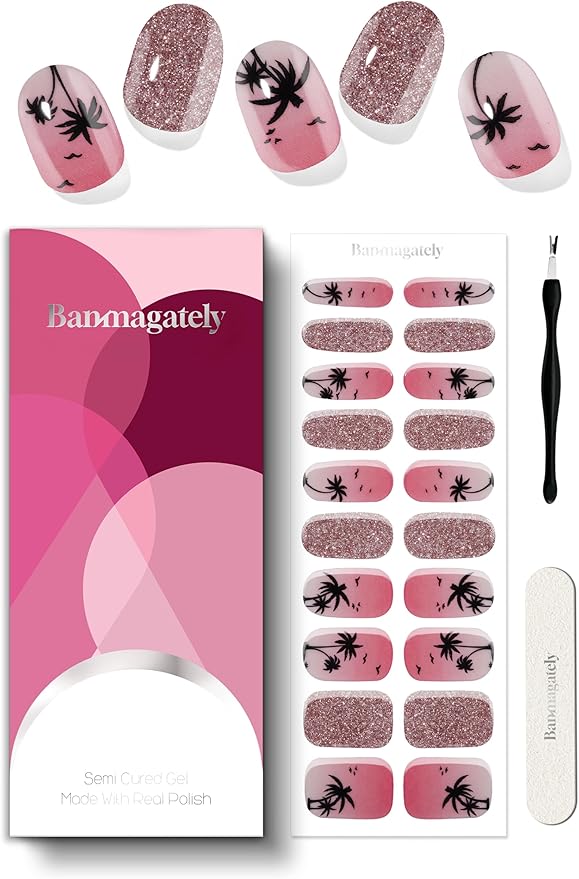 Semi Cured Gel Nail Strips, 20Pcs Long Lasting Salon Quality Wraps, Easy Apply & Remove Gel Nail Stickers with UV Light (Sunkissed Fronds Pink)
