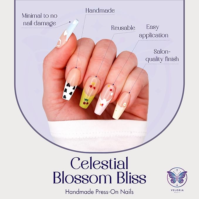 2D Handmade Press On Nails, Long Coffin Shaped w/Flowers, Cherries, & Clouds Acrylic, Gel, Reuseable Kit, For Women Daily Wear or Special Occasion (Celestial Blossom)