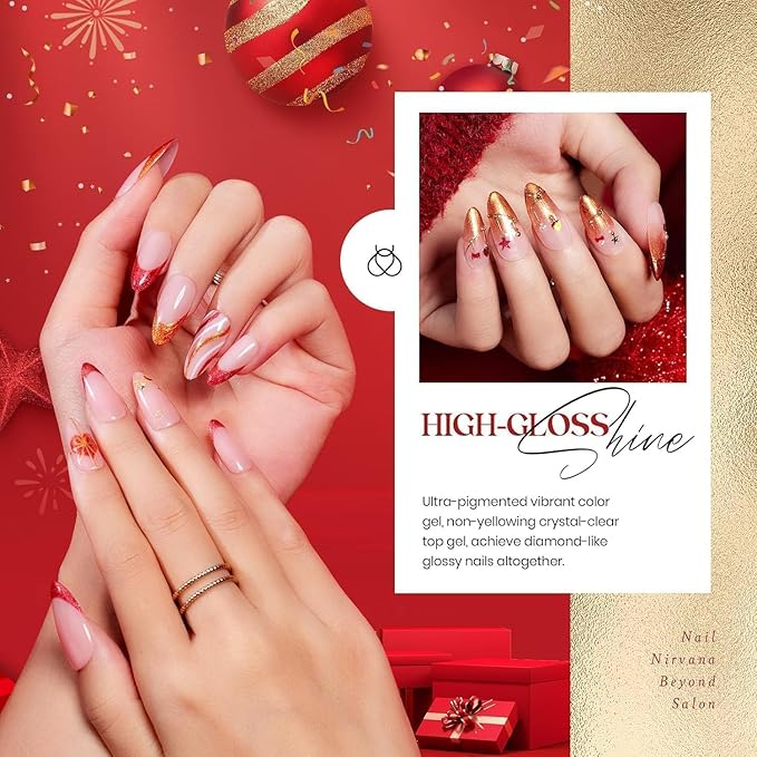 Beetles Gel Nail Polish, 6 Colors Burgundy Red Glitter Gold Green Gel Polish, Soak Off Uv Nail Lamp Cured Holiday Nail Gel DIY Home Manicure Kit Gifts for Women