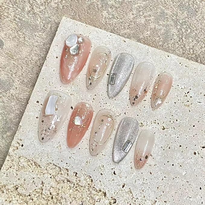 Handmade Press on Nails,Reusable False nails,Acrylic Fake Nails Kit,Luxury glitter orange white silver rhinestone Design Nail Art Kit,Include Toolkit,10pcs,Size L，#1947