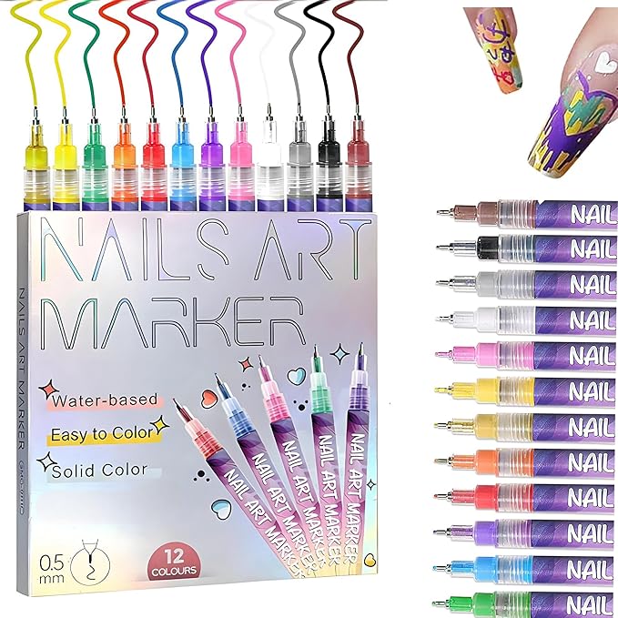 12 Colors Nails Art Pens Set,New Nails Art Markers Polish Pen for 3D Nails Art,Fine Tip Nails Art Pen 0.5mm,DIY Nails Art Marker Drawing Painting Liner Pen,Portable Nails Art Tools (A-1 Set)