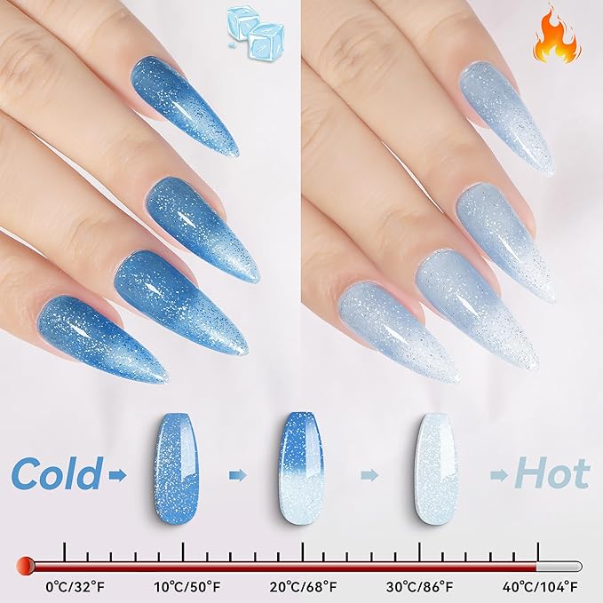 YTD Likomey Color Changing Gel Nail Polish,15ml Silver To Light Blue Glitter Mood Temperature Change Colors Ombre Thermal Salon Home Fall Winter Manicure UV Nails Varnish,WB05