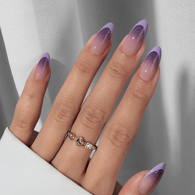 BTArtbox French Tip Press On Nails - Almond Ombre Press On Nails Medium, Glue On Nails with Glitters, Supremely Fit & Natural Reusable Stick On Nails in 15 Sizes, Twilight