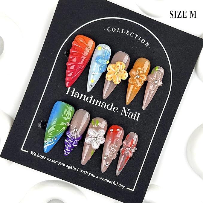 Handmade Press On Nails Long Stiletto Fake Nails Glue Stick On Nails with Flowers Bling Rhinestones
