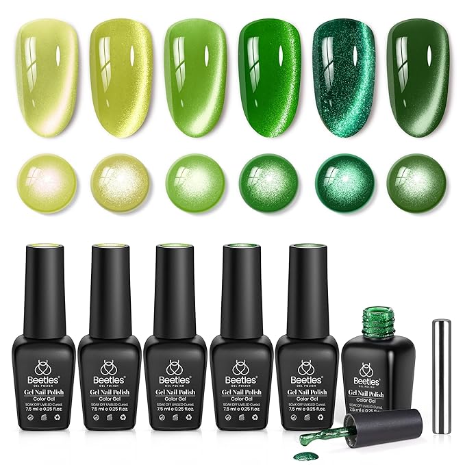 Beetles Green Spirit Cat Eye Gel Nail Polish Set - 6 Colors St Patricks Day Green Cat Eye Glitter Spring Gel Polish Kit Lime Emerald Olive Magnetic Shine Soak Off UV Manicure Gift for Women