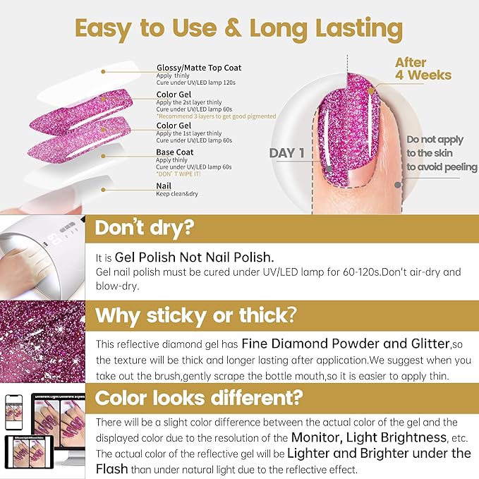 YTD Likomey Colorful Reflective Glitter Gel Nail Polish,15ml Pink Purple Flash Diamond Shimmer Nails Gel,Sparkly Shiny Salon Home Fall Winter Manicure Bright Plum UV Varnish,SZ396