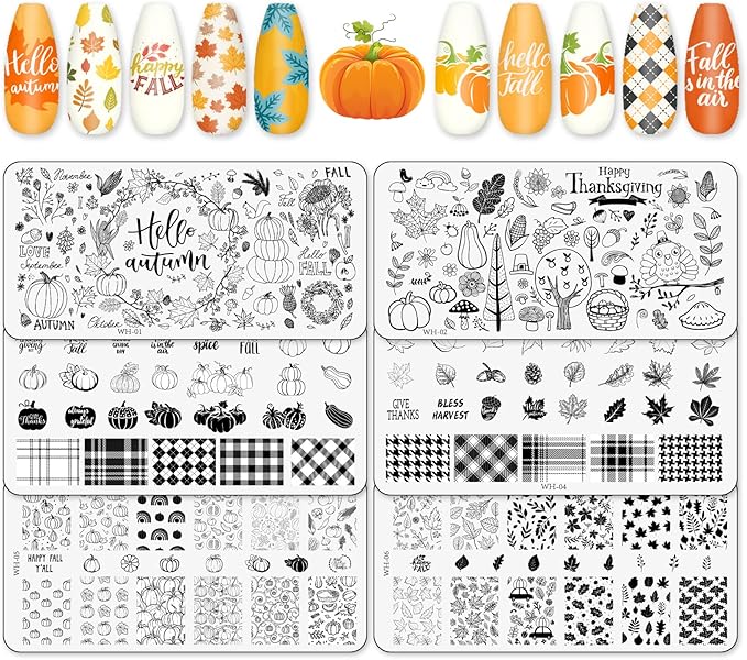 Whaline 6Pcs Fall Thanksgiving Theme Nail Art Stamping Plate Kit Various Pattern Pumpkin Maple Autumn Blessing Collection Checkered Nail Art Plate for Thanksgiving Day DIY Design Print Manicure Salon