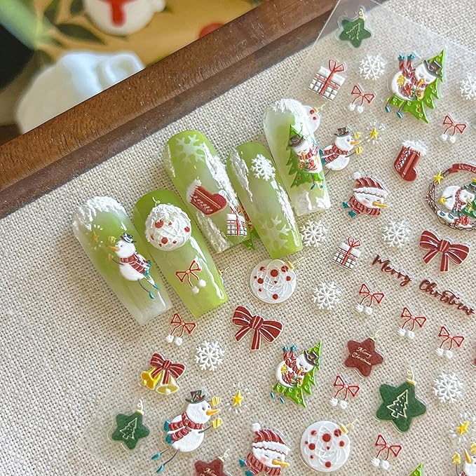 modelones Christmas Nail Stickers 3D Self-Adhesive nail decals Christmas Tree, Snowflakes, Santa Claus, Reindeer & Snowman, Winter Holiday Christmas DIY Nail Stickers for Women & Kids 5Pcs