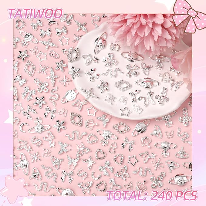 240 Pcs 3D Silver Nail Charms, Alloy Cross Star Crown Bows Nail Silver Charms, Shiny Planet Metal Nails Art Charms Snake Charm for Acrylic Nails DIY Y2K Accessories